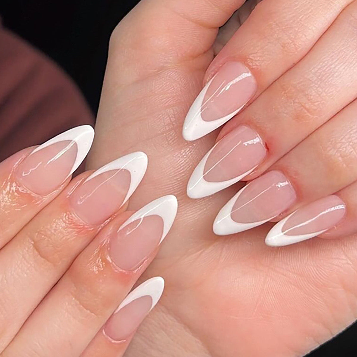 Modern Elegance Medium Almond Beige Base with White French Tip Press-On Nails with Line Art Design