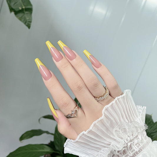 Summer Sunshine Long Coffin Two-Toned Pink and Yellow French Tip Press On Nail Set with Glossy Finish