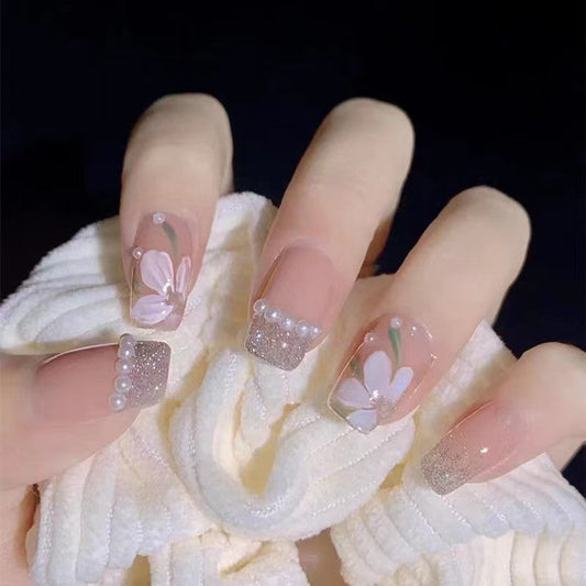 Island Cloud Flowers Short Square Green Vacation Press On Nails