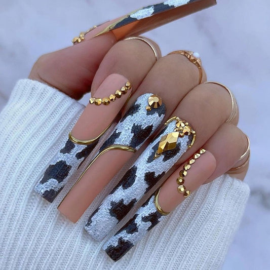 Hang Out Together Long Coffin Beige Studded Press On Nails
