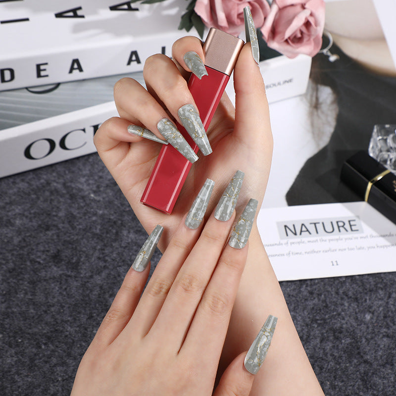 Elegant Soiree Long Coffin Grey Marble Glitter Accent Press on Nail Set
