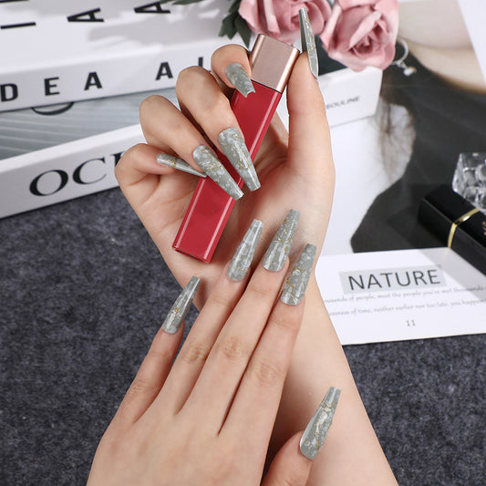 Elegant Soiree Long Coffin Grey Marble Glitter Accent Press on Nail Set