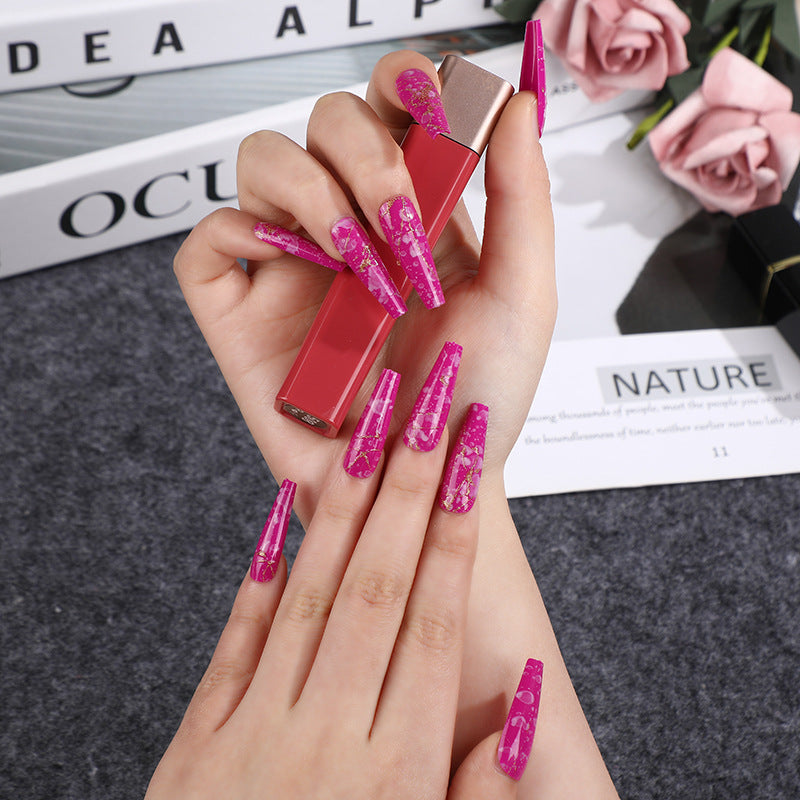Glamorous Fuchsia Fantasy Extra Long Coffin Fuschia Press On Nails with Gold Flakes Elegant Manicure Set