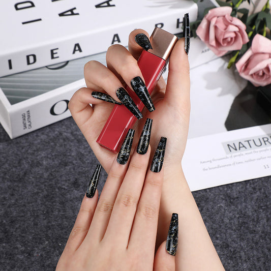 Midnight Sparkle Long Coffin Black Glitter Press On Nail Set
