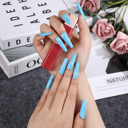 Tropical Oasis Extra Long Coffin Sky Blue Marble Press On Nail Set with Gold Flakes