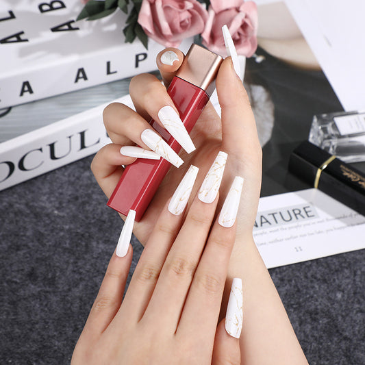 Elegant Marble Gold Vein Extra Long Coffin White Press On Nail Set