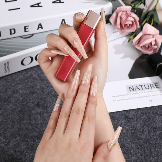 Elegant Marble Elegance Long Coffin Beige Press On Nail Set with Gold Foil Accents