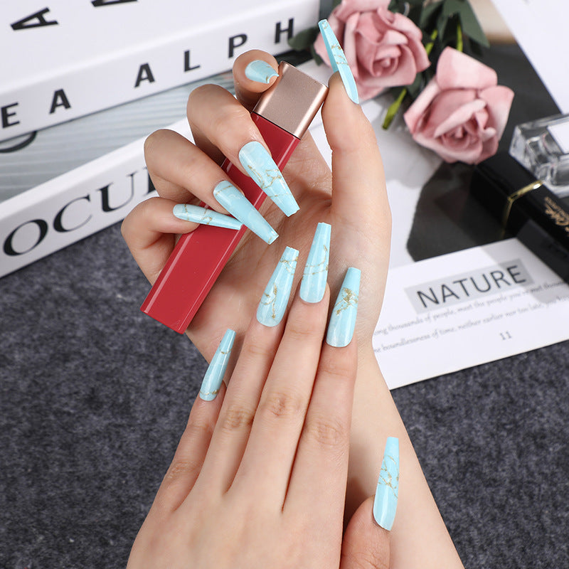 Ocean Elegance Long Coffin Sky Blue Press On Nail Set with Marble Accent Design