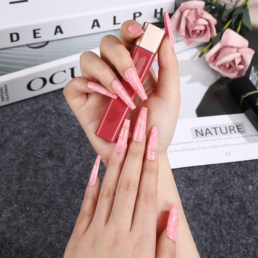 Enchanted Garden Extra Long Coffin Pink Marble Press On Nail Set with Gold Flakes