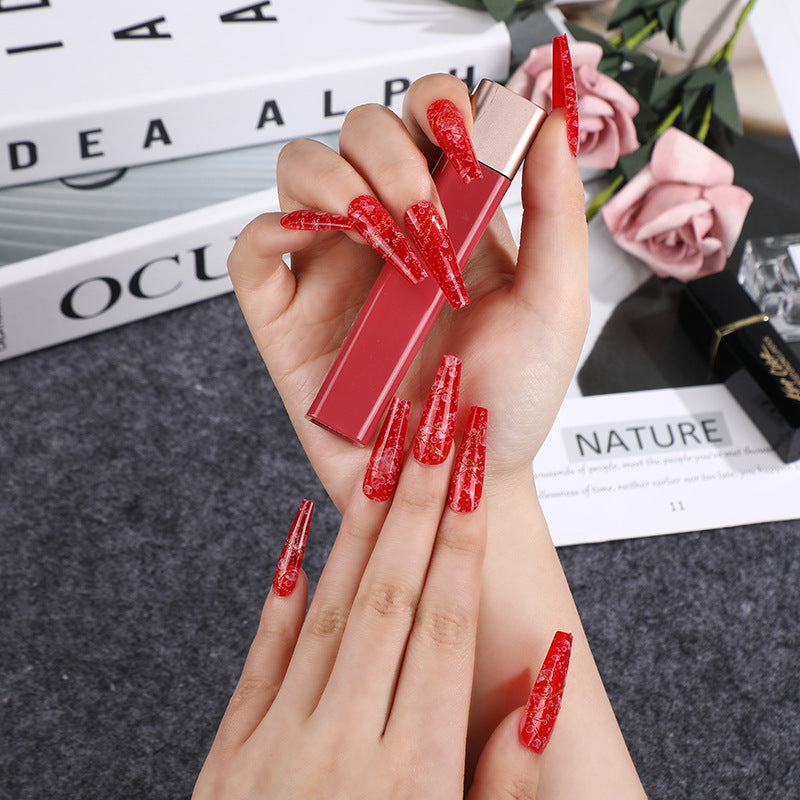 Glamorous Glitter Gala Extra Long Coffin Ruby Red Press On Nail Set with Sparkling Accents