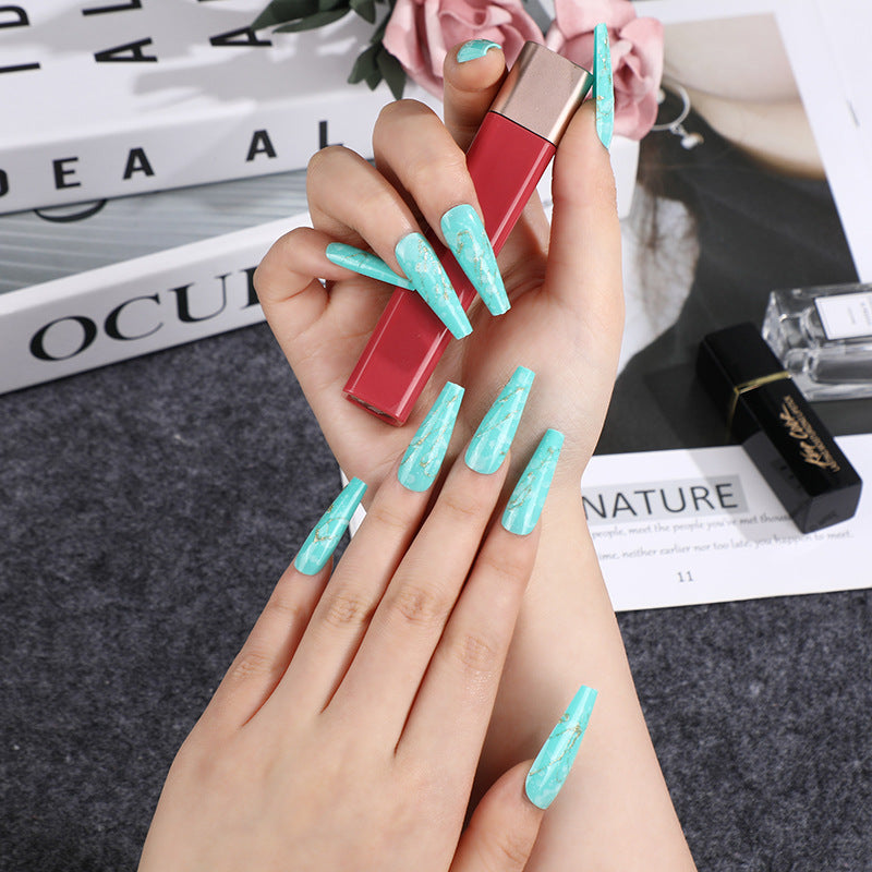 Tropical Aqua Oasis Long Coffin Press-On Nails in Turquoise with Gold Flakes Design