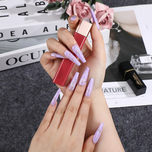 Lavender Dreams Long Coffin-Shaped Press On Nail Set in Purple with Gold Flakes Design
