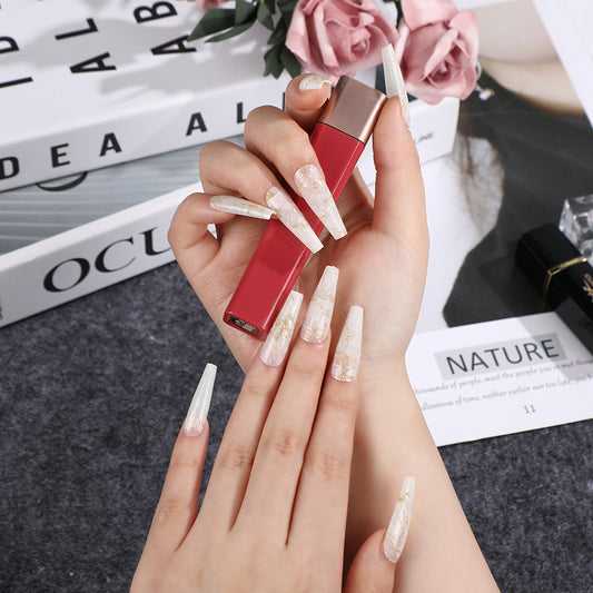 Elegant Romance Extra-Long Coffin White Marble Press On Nail Set with Gold Flakes