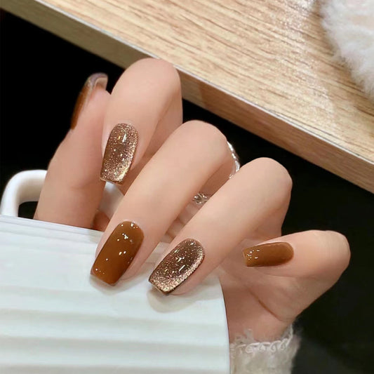 Autumn Spice Medium Square Mocha Press On Nails with Shimmer Accent
