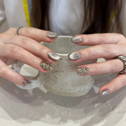 Shimmering Celebration Short Square Silver Press-On Nails with Glitter Accents