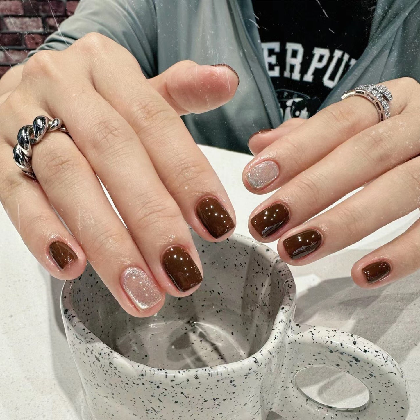 Cosmopolitan Medium-Length Square Rich Espresso Press-On Nails with Glitter Accent for a Sophisticated Look