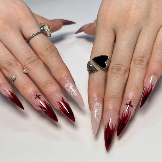 Gothic Elegance Extra Long Stiletto Press-On Nails in Ombre Burgundy with Ghostly White Accents and Cross Motifs