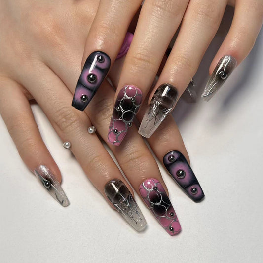 Mystic Eclipse Long Coffin Black and Silver Press-On Nails with Geometric Accents and Rhinestone Embellishments
