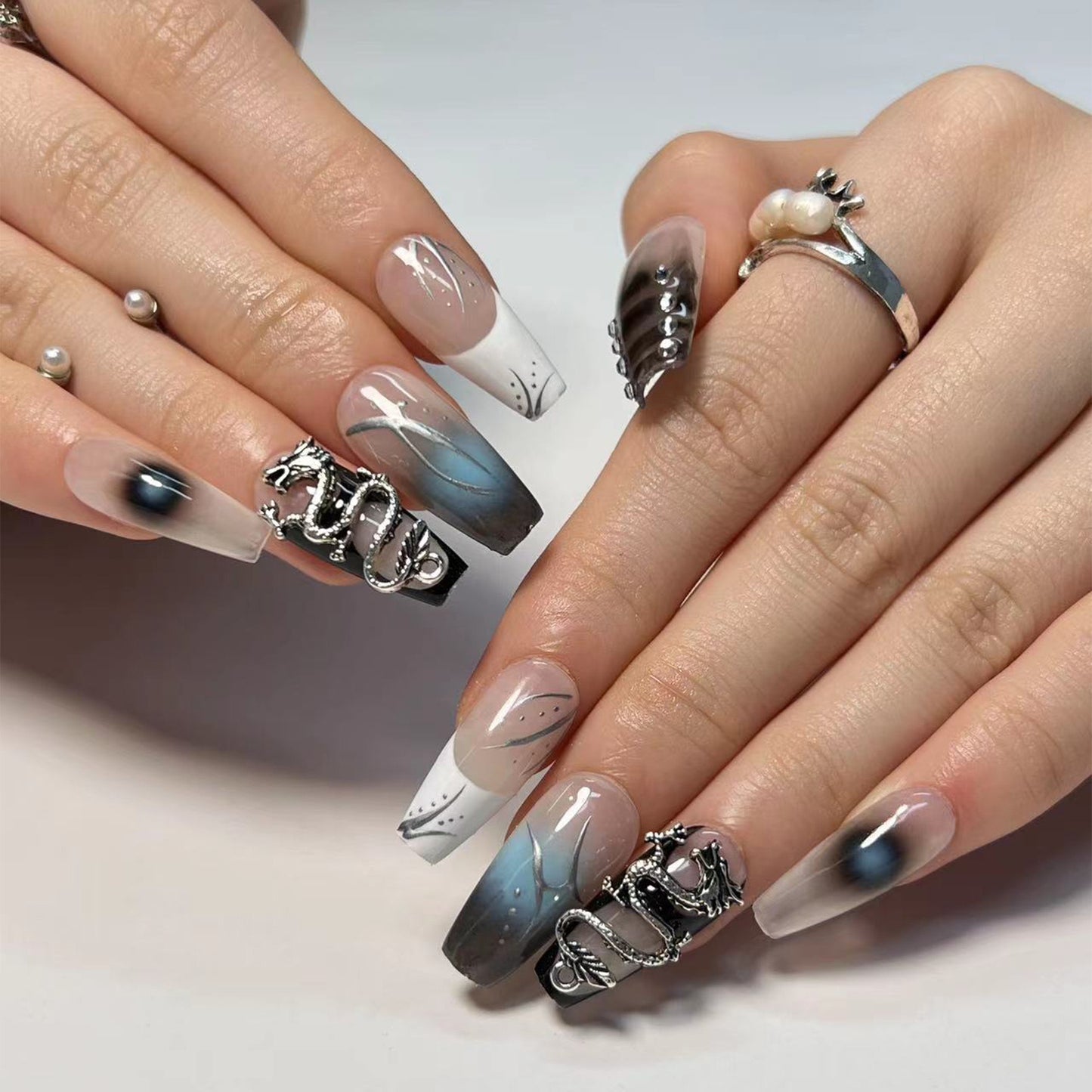 Elegant Medium Coffin Gradient Grey Press-On Nails with Jeweled Chains and Marble Detailing