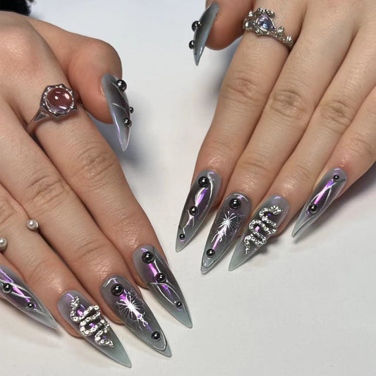 Futuristic Glam Long Stiletto Gunmetal Press-On Nails with Chrome Finish and Rhinestone Accents