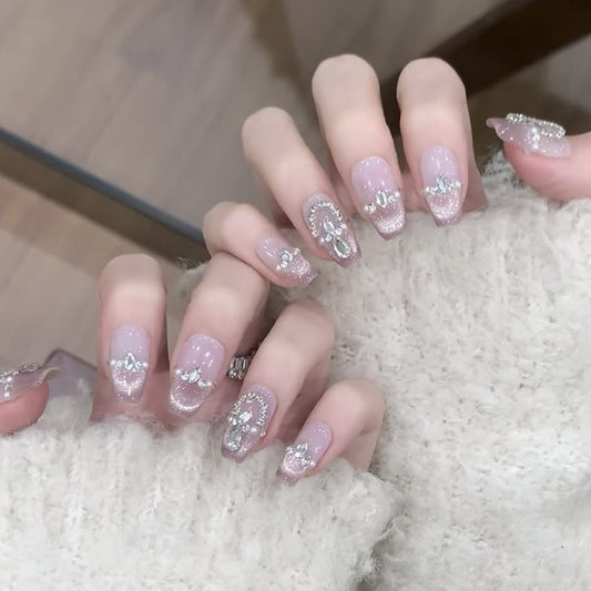 Glamorous Glitter Gala Medium Coffin Lavender Press On Nails with Rhinestone Accents