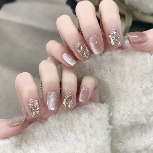 Enchanting Elegance Medium Squoval Beige Pink Shimmer Press On Nails with Gold Foil Accents