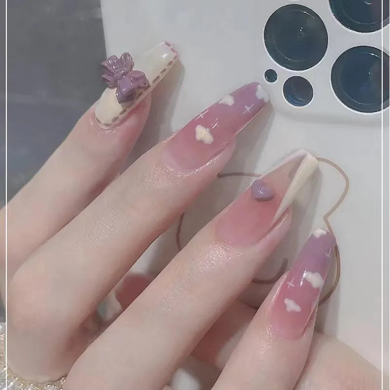 Dreamy Oasis Long Coffin Purple Bow Press On Nails