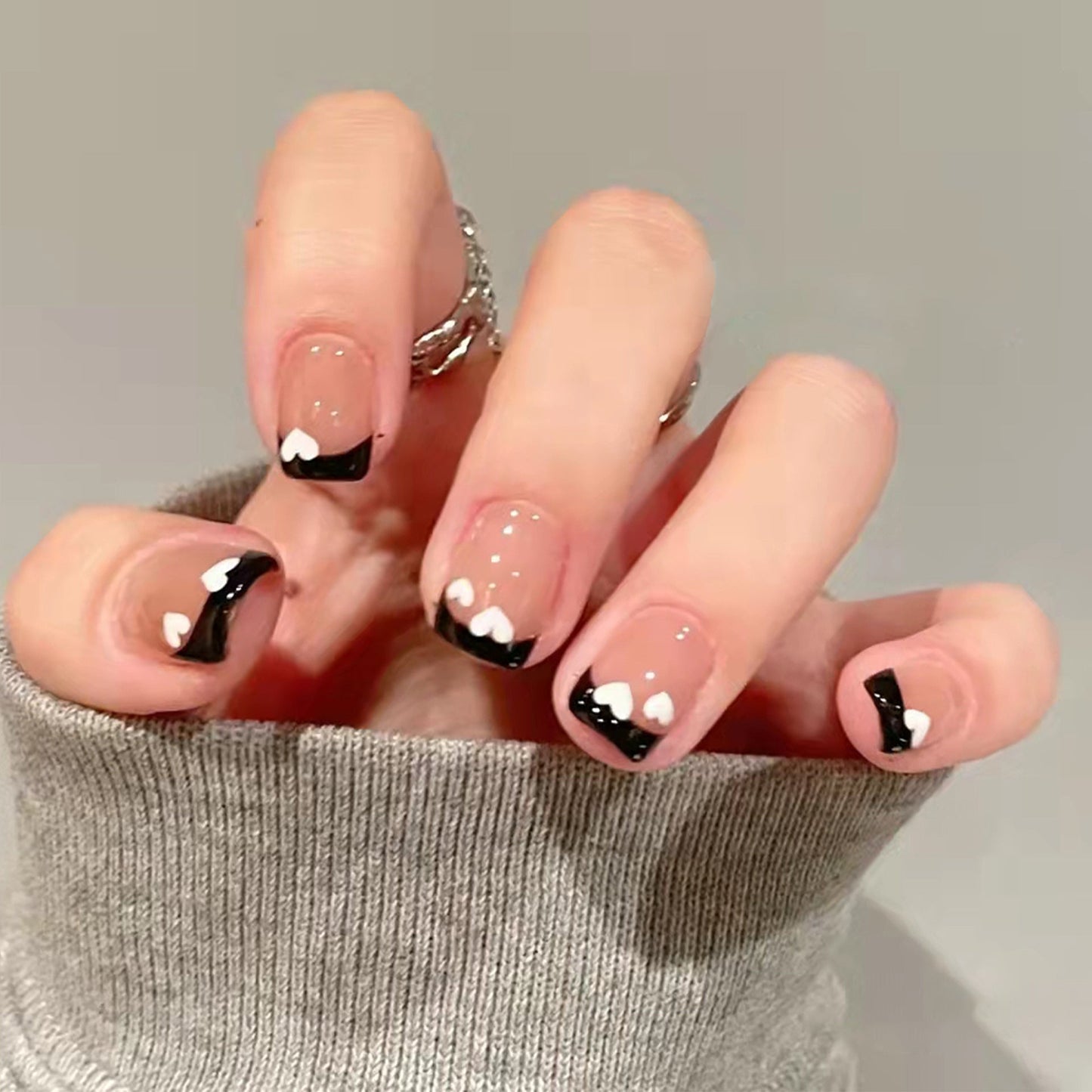 One, Two, Shoot Short Square Black Hearts Press On Nails