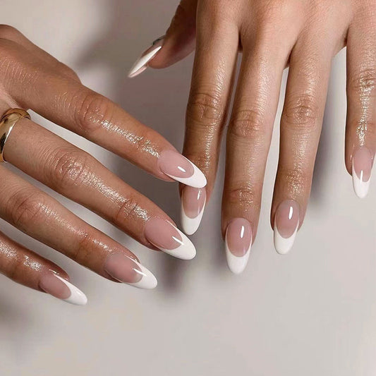 UFO Edge Medium Almond White French Tips Press On Nails