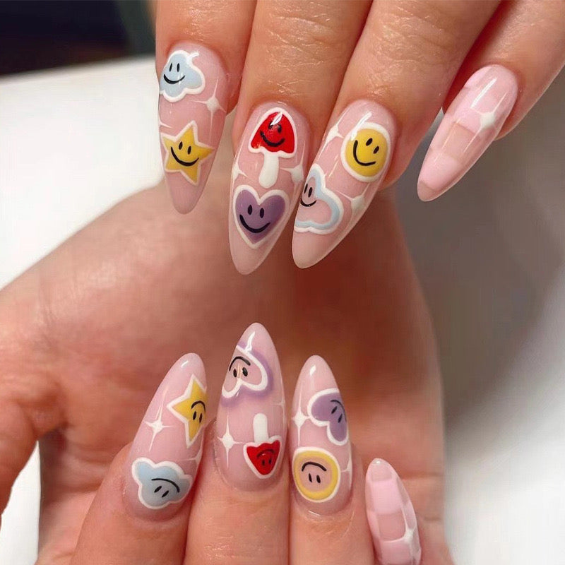 Smiles and Stars Medium Almond Beige Hearts Press On Nails