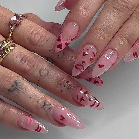 Drama Heart Faces Medium Oval Pink Summer Press On Nails