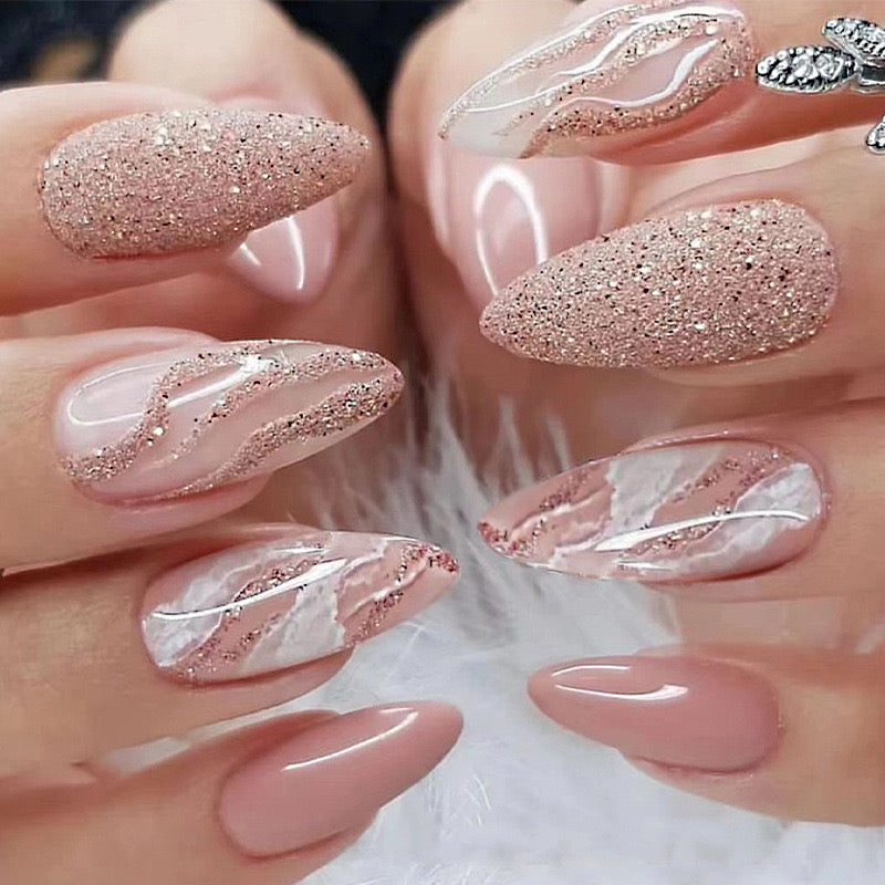 Marble Glitter Games Medium Almond Gold Glam Press On Nails