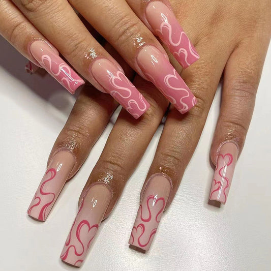 Smoky Hearts 2 Long Coffin Pink Bold Press On Nails