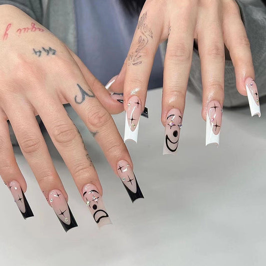 Drama Diamond Masks Long Coffin Black French Tips Press On Nails