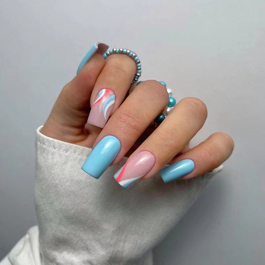 Graduated Medium Square Blue Summer Press On Nails