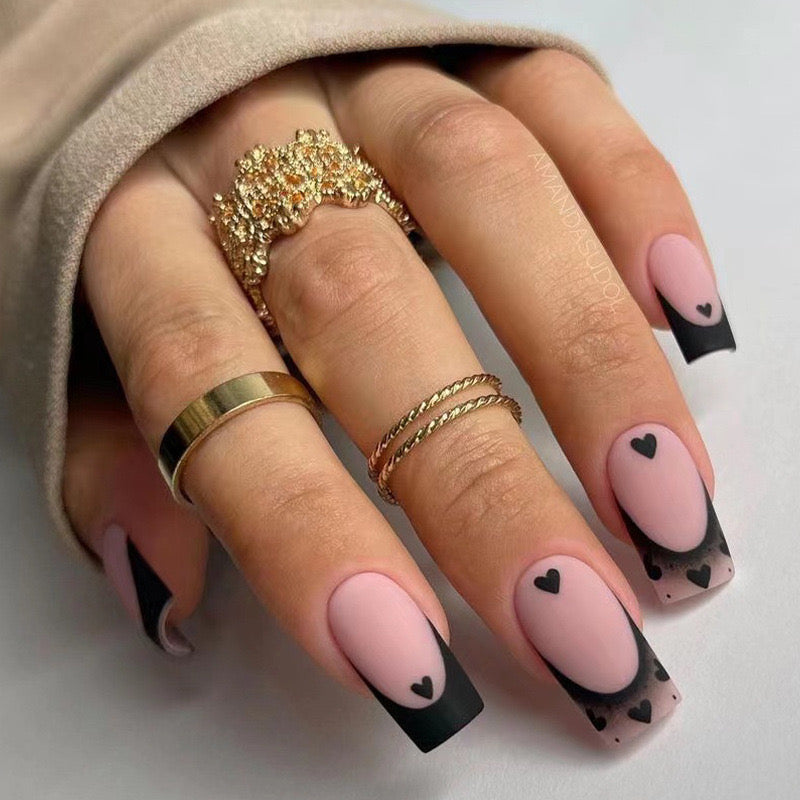 Mad Not Sad Medium Square Black Hearts Press On Nails