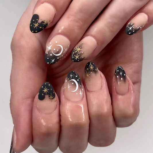 Absolutely Totally Short Oval Black Astrology Press On Nails