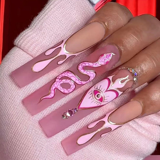 Voodoo Long Square Pink Animal Press On Nails