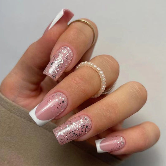 You Look Great Medium Square White Glitter Press On Nails