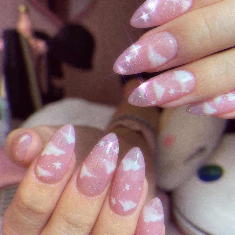 Starlight Clouds Short Almond Pink Cute Press On Nails