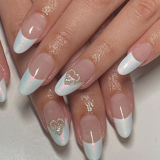 Pearly Glaze Medium Oval Blue French Tips Press On Nails