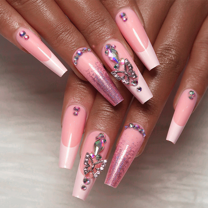 Just Like That Long Coffin Pink Glam Press On Nails