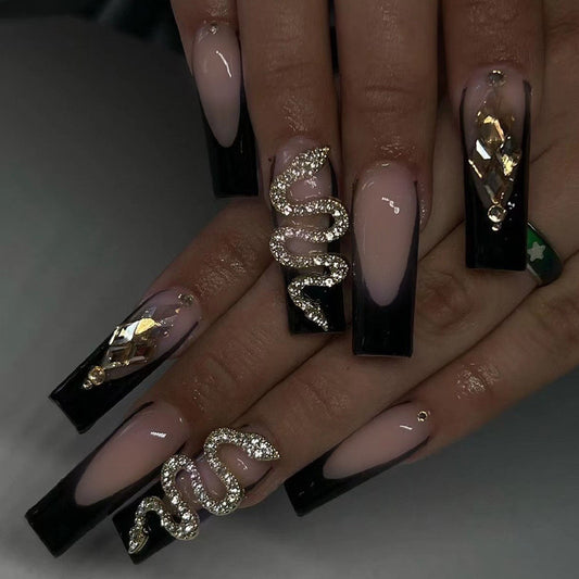 Snakes and Diamonds 2 Long Coffin Black French Tips Press On Nails