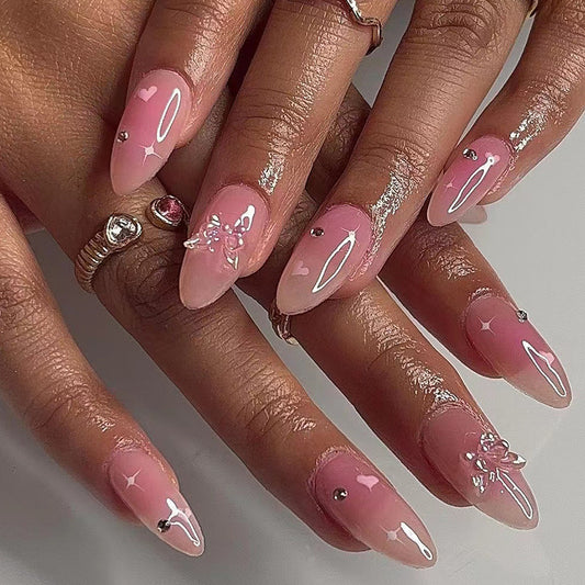 Start Dating Medium Almond Pink Butterfly Press On Nails