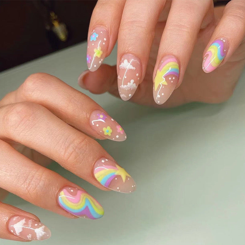 Rainbow Stars And Clouds Medium Almond Yellow Cute Press On Nails