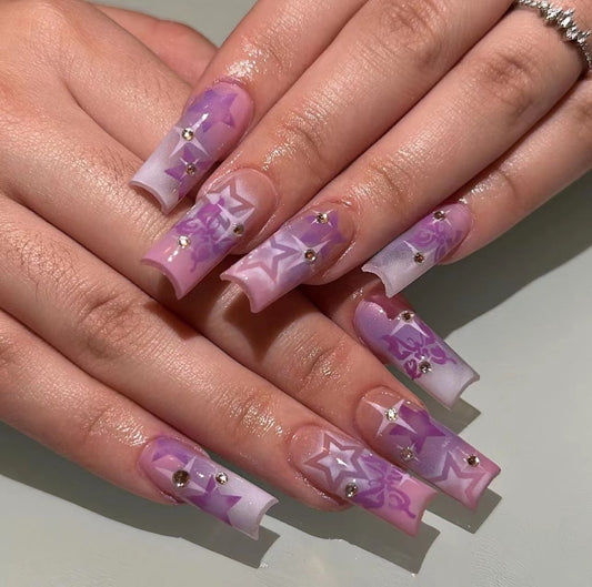 Watching The Stars Long Square Purple Bold Press On Nails