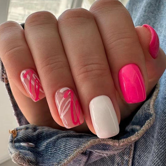 Flamingo Waves Medium Square Pink Abstract Press On Nails
