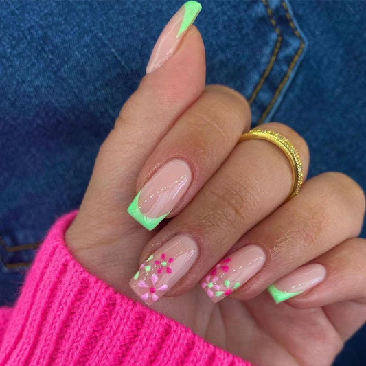 Crazy Island Flowers Medium Square Green French Tips Press On Nails