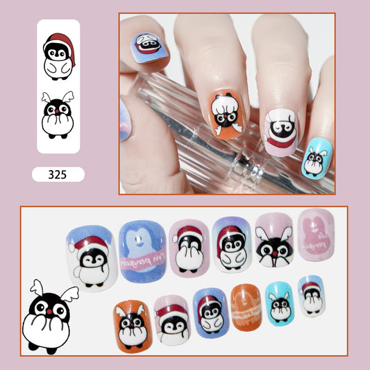 Shy Penguin Short Squoval White Cartoon Press On Nails