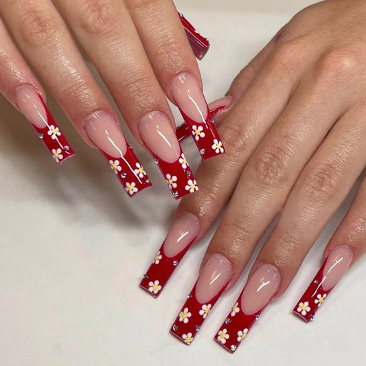 Just A Gal Long Square Red Floral Press On Nails